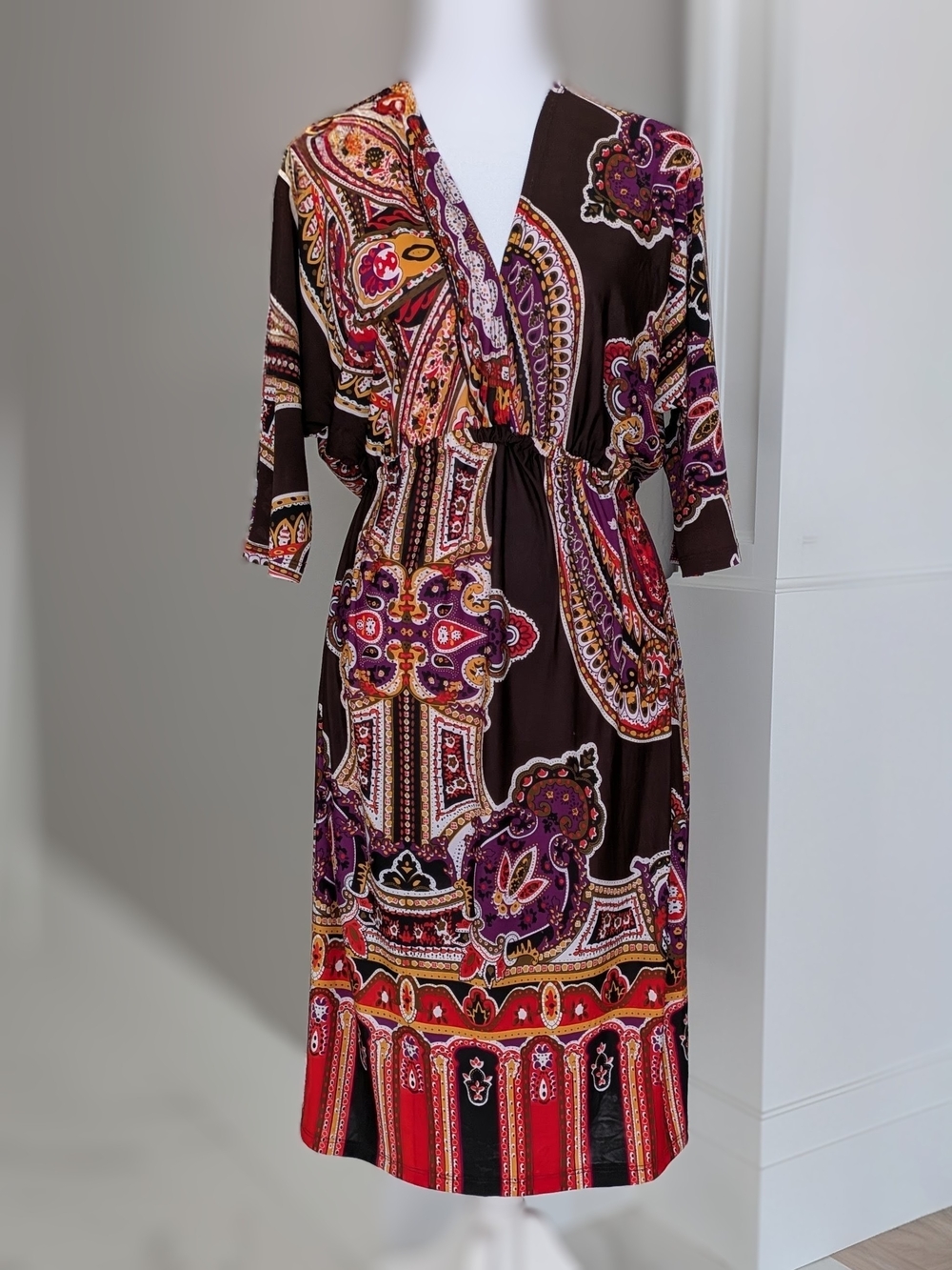 Cristinalove Brown Paisley Midi Dress with Purple & Orange Accents XL